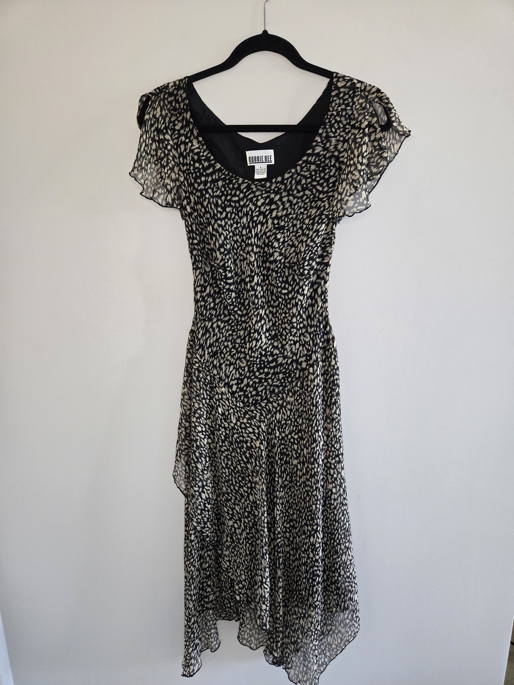 Robbie Bee Vintage Black & Tan 100% Silk Dropwaist Dress Asymmetrical Hem - New